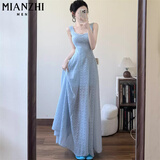 棉致法式蓝色吊带连衣裙女夏季2025新款收腰显瘦高级感海边度假长裙 蓝色【408高品质36.5】 L 100-115斤