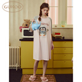果壳（Gukoo）睡裙女春夏新款卡宽松插肩袖圆领纯棉女士家居服睡裙   天堂粉XL