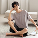 洁丽雅男士睡衣夏季薄款莫代尔冰丝短袖短裤套装男休闲睡裤家居服可外穿 米灰色(简约款） 【凉感冰丝】 XL 【推荐体重约130-150斤】