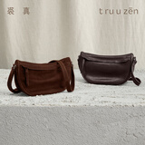 裘真头层植鞣牛皮休闲月牙包复古简约百搭单肩斜挎包女小包 咖啡色
