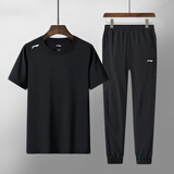 李宁运动套装冰丝男女同款休闲短袖t恤运动裤子男夏季服饰跑步健身服 黑色速干短袖+黑色收口冰丝裤 L/175