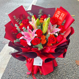 领香鲜花速递香槟玫瑰花束表白送女友老婆生日礼物全国同城配送 19朵红玫瑰百合混搭花束