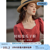 茵曼（INMAN）百搭法式褶皱方领短袖t恤2025夏季新品女装修身显瘦衬衫上衣 复古红 L