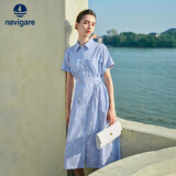 Navigare意大利小帆船女全棉条纹连衣裙短袖收腰中长裙2322875516 蓝 XL
