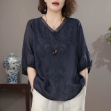 俞兆林（YUZHAOLIN）母亲节妈妈夏装复古风天丝麻V领短袖上衣女士宽松大码刺绣薄款 藏青色 3XL （建议115-130斤）