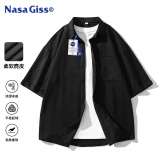 NASA GISS短袖衬衫男夏季潮流麂皮绒衬衣宽松休闲男士上衣外套 黑色 XL