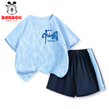 巴布豆男童运动套装2025夏季新款儿童速干透气衣服凉感宽松吸汗帅气童装 蓝 欢呼巴布X 150
