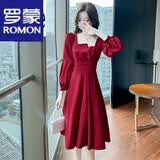 罗蒙（ROMON）轻奢女装 连衣裙女春秋季新款大I码女装秋装女长袖新款中长款裙子 酒红色连衣裙 时尚百搭 L 【建议105-115斤】