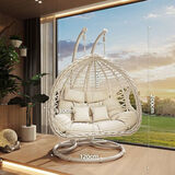 豫星素吊椅摇篮吊篮椅子室内秋千懒人家用阳台吊床卧室网红鸟巢吊兰藤椅 双人双杆象牙白麻花【波浪款】