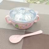 红根家不锈钢双层隔热防烫碗家用儿童吃饭碗可爱宝宝碗小学生面食卡通碗 儿童双耳碗粉色送勺子