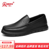 强人3515男士皮鞋头层牛皮软底驾车鞋一脚蹬休闲皮鞋男单鞋 黑色 41