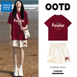 真维斯（JEANSWEST）短袖短裤休闲运动套装女生夏季2025新款宽松纯棉夏天小个子一整套 酒红 海洋天堂+米色 莓果熊_K L