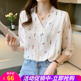 衬衫女新款春夏季印花女士短袖宽松中袖衬衣时尚职业女式雪纺衫上衣 图片色 L