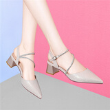 古奇天伦单鞋女2025春夏季新款一脚蹬粗跟小皮鞋女ol工作鞋牛皮高跟女鞋子 香槟色 36