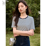 初申夏款复古条纹短袖T恤女撞色拼接百搭圆领上衣S13JT1791