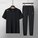李宁运动套装男士夏季速干轻薄款宽松短袖t恤休闲正品透气长裤冰丝服 黑色短袖+速干长裤 【束脚透气】 L /175(建议130斤-140斤)