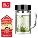 富光双层玻璃杯商务泡茶杯子 大容量男女耐热办公水杯带把黑色320ml