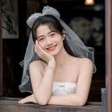 缔晶头纱领证求婚新娘头饰拍照表白登记蓬蓬纱装饰白色头纱儿童头纱 蝴蝶结卷边头纱-发夹款