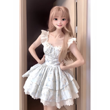 镜莎碎花连衣裙子女夏季2025新款法式甜美可爱花边蛋糕蓬蓬公主短裙子 浅蓝色 均码 可备注码数