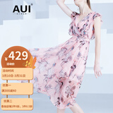 AUI 碎花雪纺连衣裙女2022夏新品设计感时尚女装中长款V领无袖裙子 粉色 M