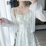 艾珠儿（Aizhuer）碎花吊带连衣裙女夏季法式小个子长裙海边度假裙子开衫两件套装裙 白色开衫+紫色裙 M