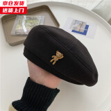 槿城 卡通棕色毛呢贝雷帽女时尚百搭秋冬时髦气质画家帽潮LK788 黑色 M（56-58cm）