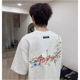 安初夏2025新款夏季花卉刺绣短袖t恤男装宽松半袖情侣装潮牌重磅上衣服 白灰色【前后刺绣纯棉】 L 建议115-130斤