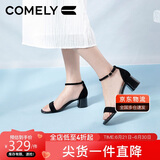 康莉（COMELY）一字带凉鞋女粗跟25年夏季羊皮中跟时尚百搭通勤时装凉鞋 黑色 36