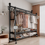宅春颂落地立式衣帽架卧室挂衣架加厚结实晾衣架可移动晒衣架室内衣服架 特厚32管|黑长150双杆+置物篮