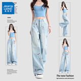 真维斯（Jeanswest）浅蓝色小狗绣花阔腿牛仔裤女2026年秋季新款小众设计感百搭拖地裤 浅蓝色-长裤 S