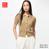 优衣库女装罗纹POLO领针织开衫/短袖空调衫通勤479968 32 深米色 L /160/88A