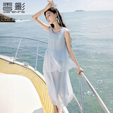 香影蓝色海边连衣裙女无袖2026夏装新款不规则荷叶边航海系沙滩裙 航线蓝 S 155/80A/85-95斤