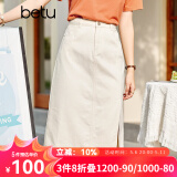 betu百图女装牛仔半身裙高腰A字修身包臀女式中长款裙子2107T46 杏色 M