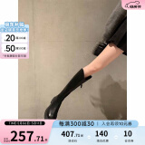 苏茵茵【蒋依依同款】女靴V口长筒靴粗跟高筒骑士靴加绒靴子女长靴冬季 黑色（单里） 37