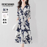 拉伦菲韵意式高端品牌 真丝连衣裙女2025夏季新款气质显瘦桑蚕丝印花长裙 藏青底花 3XL 【130-140斤】