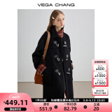 VEGA CHANG黑色毛呢子大衣女2024秋冬新款格纹中长款大衣 锆石黑 M