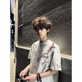 灿图美式高街花卉印花短袖t恤男夏季纯棉宽松五分半袖潮流打底体恤衫 白灰色 XL 【建议120-140斤】