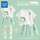 真维斯女童夏装套装2026新款儿童纯棉短袖短裤女孩运动两件套中大童夏装 白/J荷叶猫右下+绿/J夏天K 140