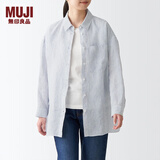 无印良品 MUJI 女式 亚麻 水洗宽版衬衫长袖休闲百搭衬衫衬衣BCJ22C2S 藏青色条纹 M-L