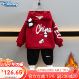 迪士尼（Disney）男童加绒套装新款宝宝衣服秋冬儿童卫衣韩版中小童保暖连帽两件套 酒红色熊猫挂件套装（加绒） 120 码 建议4-5岁 体重35-40斤