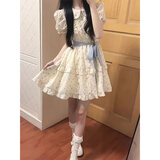 汐菡法式连衣裙夏季2025新款公主蛋糕裙系带甜美短款蓬蓬娃娃裙子夏天 时尚潮流碎花蓝色 均码 （可备注码数）