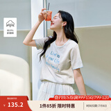 茵曼棉质刺绣圆领短袖T恤女装2025夏季新款字母标语闪片上衣 浅花灰 L