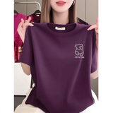 贝雅茜纯棉正肩短袖t恤女2025夏季新款宽松上衣显瘦大码圆领印花打底衫 T-葡萄紫色【comeoh熊】优质纯棉 L (建议100-120斤)