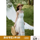 独束大码女装法式浪漫蕾丝高腰大裙摆氛围感连衣裙夏装微胖mm裙子 月光白 L