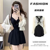 南木熊泳衣女游泳泡温泉遮肉保守连体裙式显瘦高级感长袖显白泳装 黑色两件套泳衣均码80-115斤