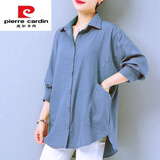 皮尔卡丹妈妈装纯棉长袖衬衫女中长款25年宽松洋气衬衣开衫外套女 蓝色 2XL 125-140