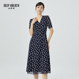 深呼吸DEEP BREATH女装V领中长高腰泡泡袖收腰碎花连衣裙A500197 藏蓝-白点 M (3码)
