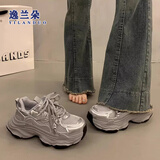 逸兰朵松糕厚底老爹鞋女秋冬季小个子增高2025新款加绒保暖休闲运动鞋子 银色 37 (235mm)