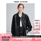 VEGA CHANG黑色皮衣女2025春秋宽松显瘦机车风pu皮短外套 松绿黑 L