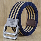 JWKE 男士双环扣帆布腰带运动休闲青年牛仔裤皮带百搭裤腰带学生裤带 黄蓝三条纹（8333白线扣） 115cm